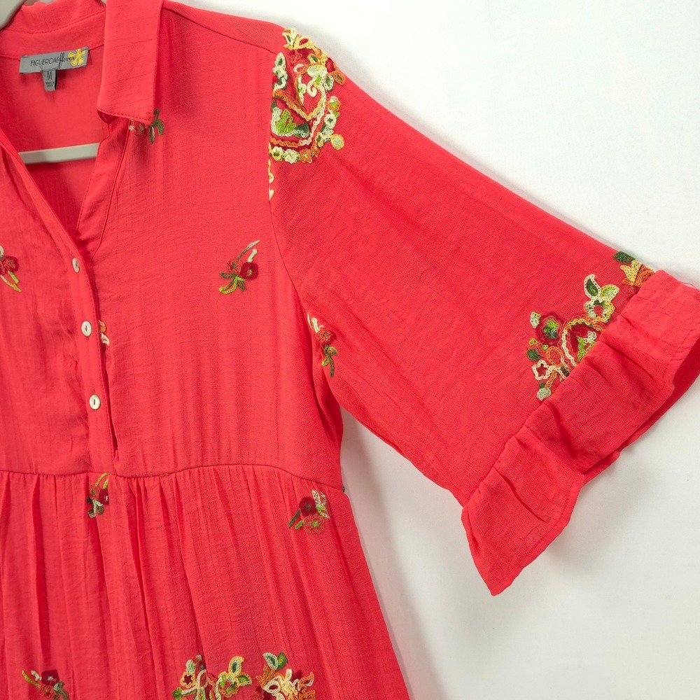 Anthropologie Figueroa & Flower Embroidered Dress Coral Pink Tiered M Boho - Picture 13 of 14